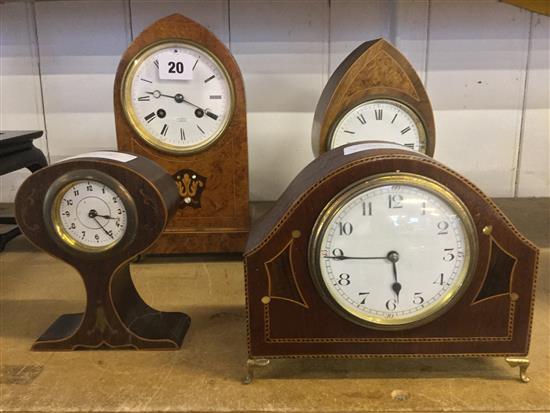 4 Continental inlaid mahogany mantel timepieces or clocks